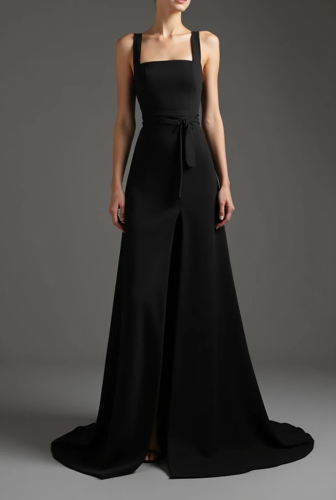 black gown, Square neckline, sleeveless, wearing a crepe dress, and flowy with a slit that starts in the middle of the thigh, five centimeters below the knee 