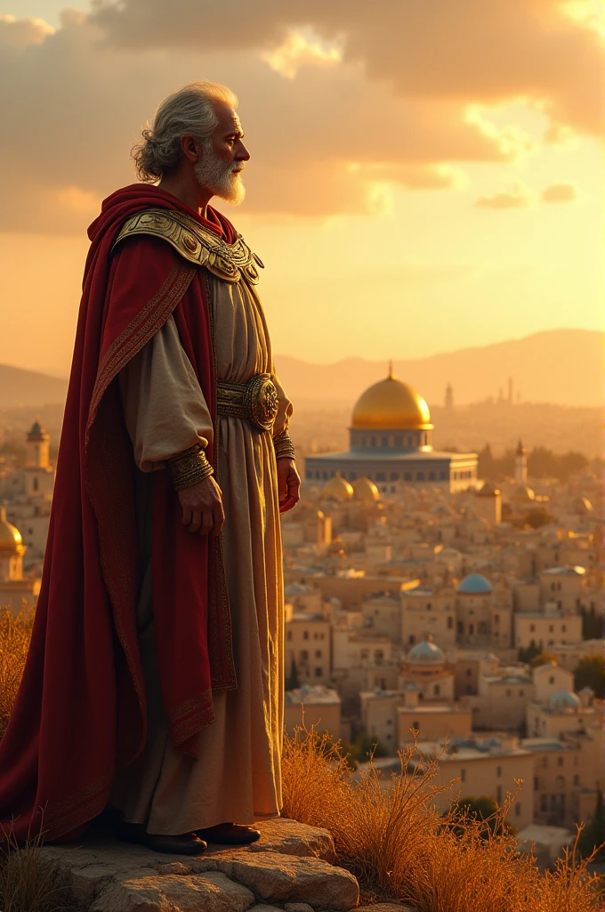 ((best quality)), ((masterpiece)), (detailed), perfect face
An older Davi, standing on a hill, looking out over the city of Jerusalem with a sense of fulfillment and reflection. The city is bathed in golden light, symbolizing its importance. Davi is dressed in royal attire, but his expression is one of a man who has lived a full life, with both triumphs and regrets