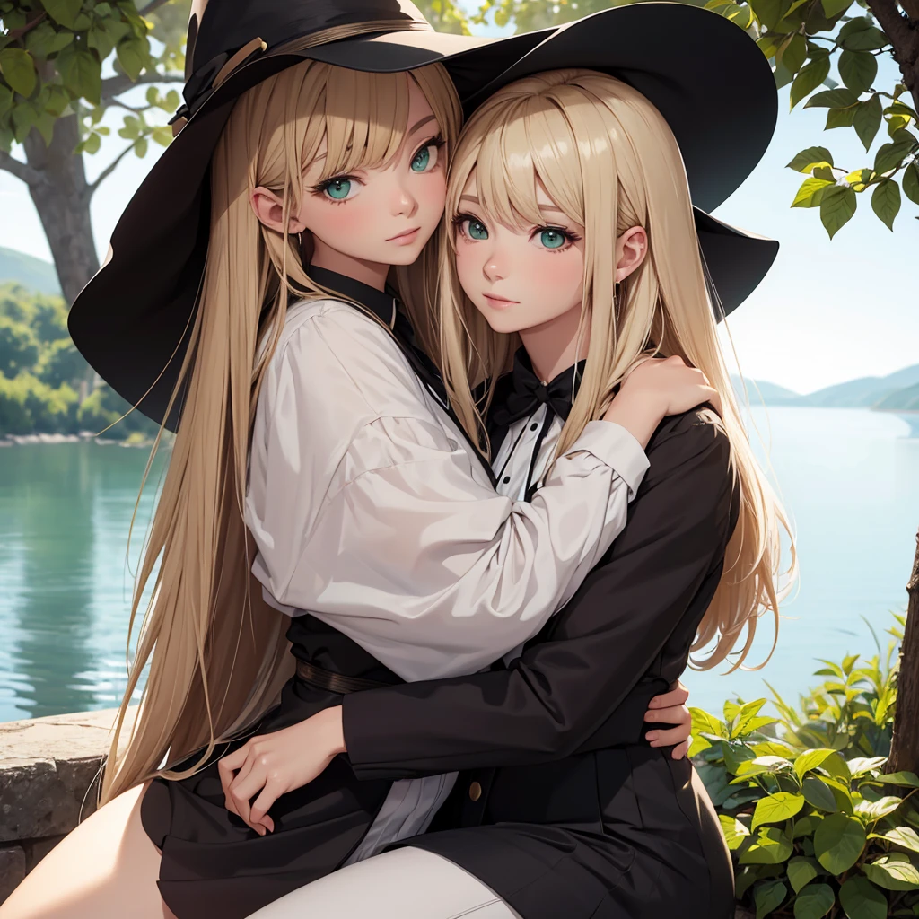 2people, hetero, romantic, hug, sitting near lake, sky, 2 moons, night, stars, glow, kuzuvine, hotatenshi, tsubonari, matcha, (realistic:1.5)
1boy, black hair, short hair, green eyes, witch hat, black hat, wide brim hat, three piece suit, frock coat
1girl, blonde hair, parted bangs, brown eyes, white blouse, black pants