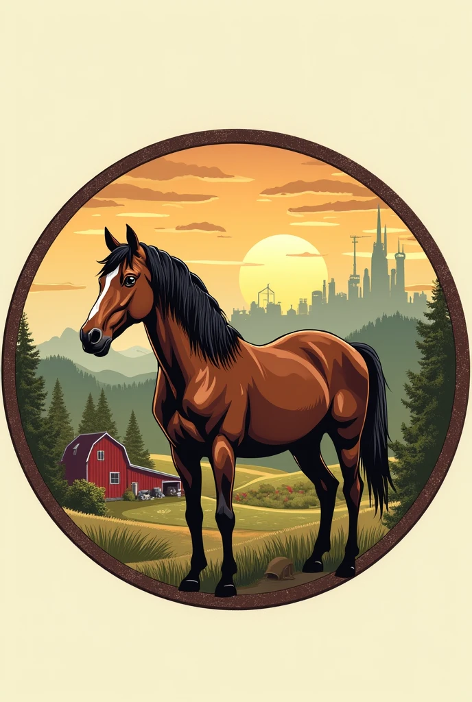 A circular logo with a farm, zaun, a sun behind and a brown horse in front, name below Rural Day old school style