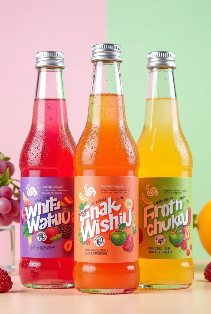 Sparkling drink, plastic bottles,3 bottles,
3 taste,taste is grapes green apple mix berries,name of product is wakuwaku

