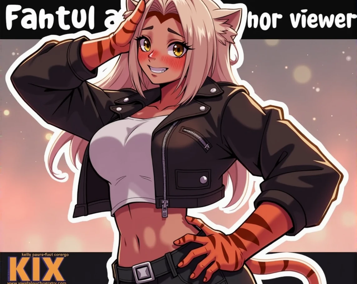 Anthro furry female bengal tiger with long vanilla colored hair, stronger tiger paws, wearing white crop top, black biker jacket, black jeans and silver belt looking at viewer