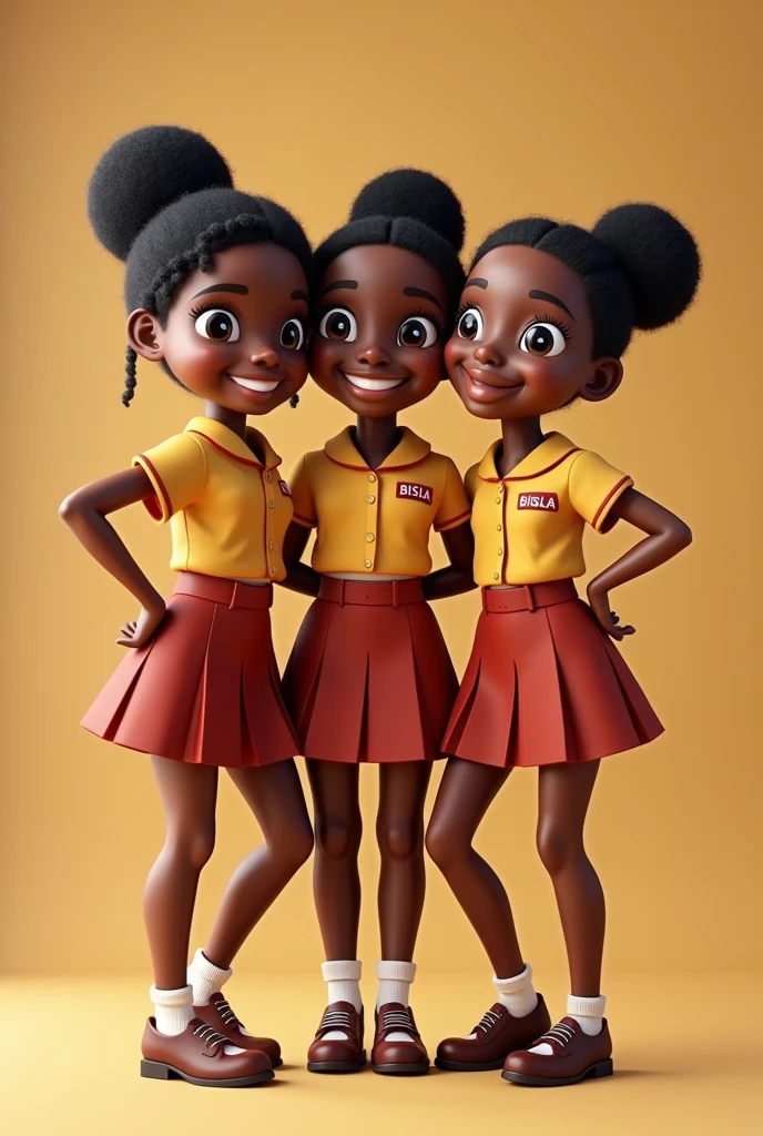 Group of three friends dressed as girls on uniforms registered BISILA . All Africans in 3D version