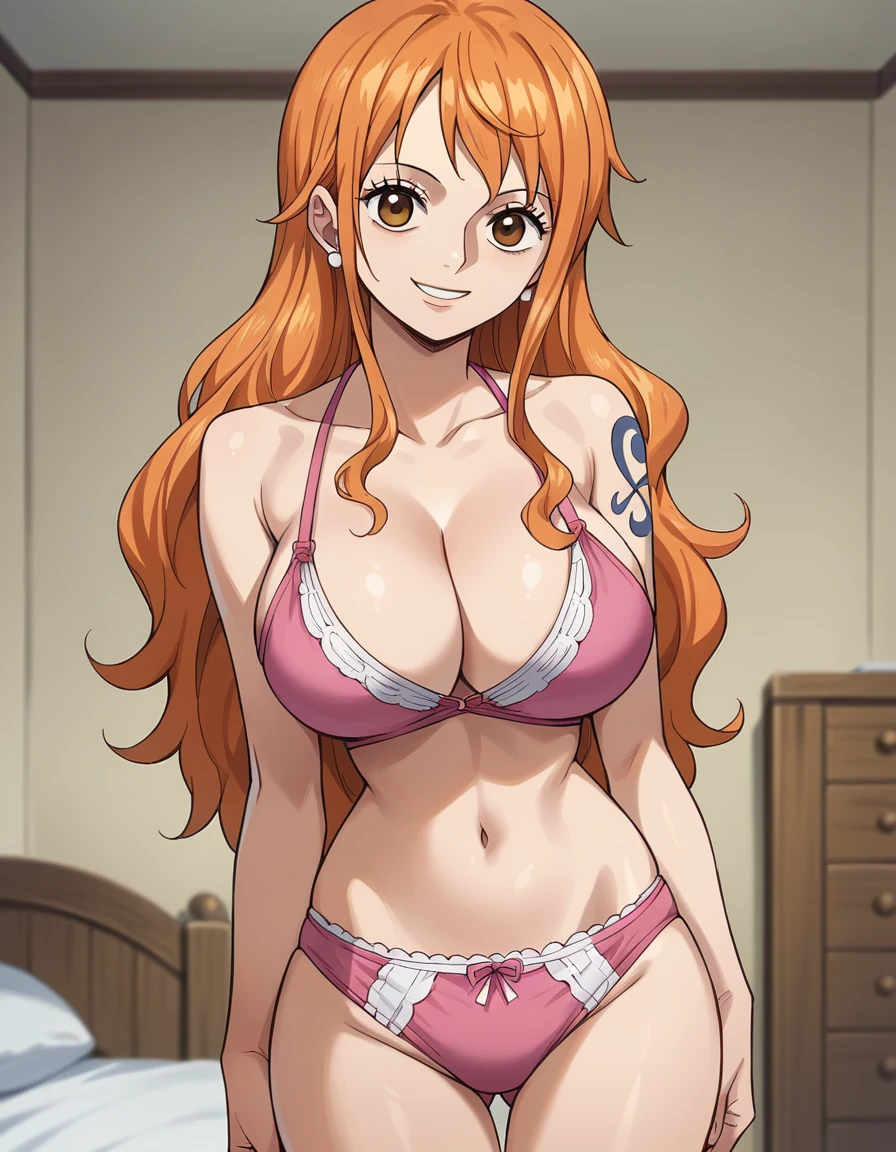 score_9, score_8_up, score_7_up, source_anime, best quality, clear face, Nami, orange hair, orange eyes, long hair, large breasts, cleavage, standing, looking at viewer, smile, pink underwear, cowboy shot, bedroom, dynamic angle