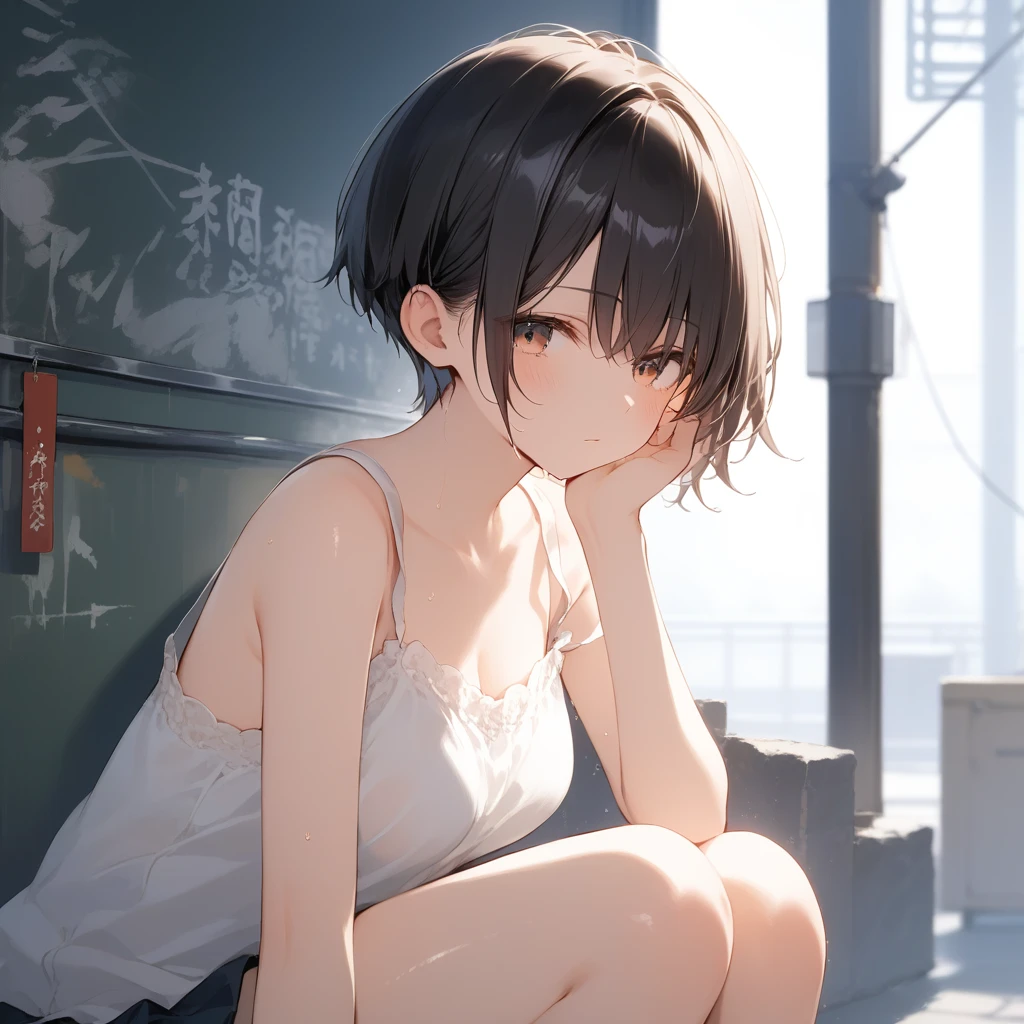 score_9, score_8_up, score_7_up, source_anime, best quality, masterpiece, official art, absurdres, highres, ultra-detailed,waifu2x,Collection: Pixiv 1000,break,1girl, school girl, very short hair, pixie cut, medium breasts, slender, thighs, beautiful detailed eyes, expressionless, sweat, sleepily, (disgust:0.3), school, outdoors, break,(clear line illustration:1.2), super detailed skin, shiny skin, very high resolution, very aesthetic, Best sexual lighting powered by famous artist, 4k, 8k, 16k, cute picture, beauty illustration,photoshop_(medium),,(Detailed Lighting),best anime 8k konachan wallpaper, pixiv contest winner,
