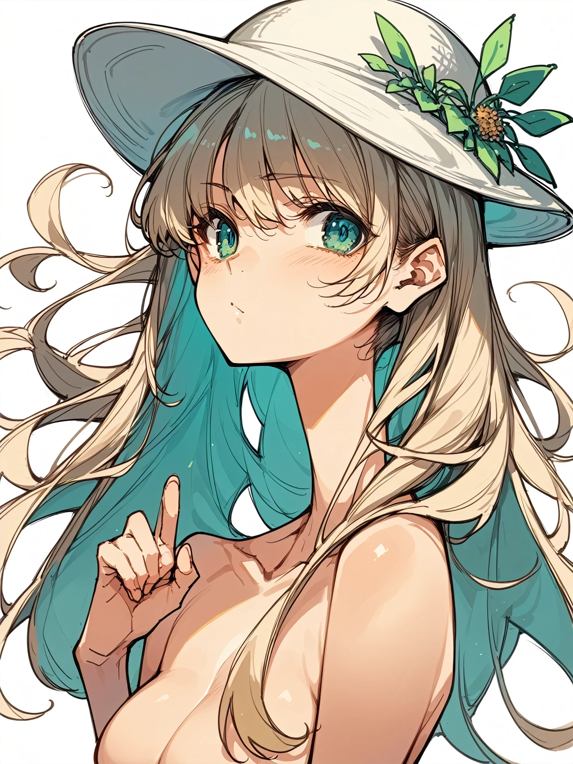 Painting of a nude woman with a hat on her head, Thick outline, Hands behind the back pose!, Thick outlines, Line art!!, Sexy pudica pose gesture, Beautiful anime outline, , Line art, 太い黒のLine art, Mr.々A pose, Matte Sketch, 鉛筆で描いたrough sketch, rough sketch, Anime Sketch, 太いLine art