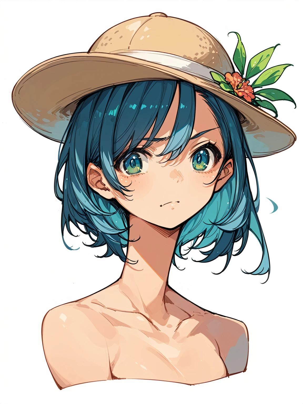 Painting of a nude woman with a hat on her head, Thick outline, Hands behind the back pose!, Thick outlines, Line art!!, Sexy pudica pose gesture, Beautiful anime outline, , Line art, 太い黒のLine art, Mr.々A pose, Matte Sketch, 鉛筆で描いたrough sketch, rough sketch, Anime Sketch, 太いLine art