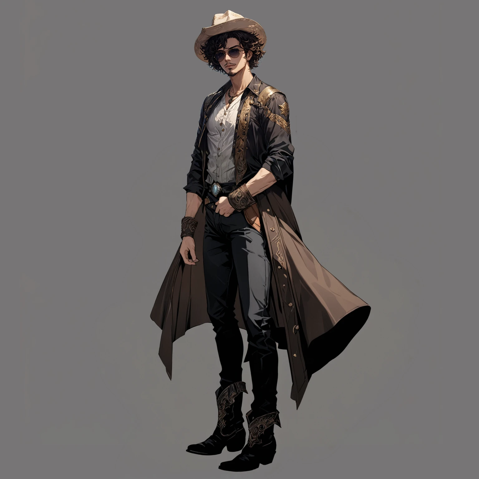 masterpiece, best quality, good quality, Highly detailed, shadowverse style, male, adult, curly hair, brown hair, black eyeglasses, cowboy hat, modern aesthetic, middle age, facial hair, full body from head to toe, cowboy boots, cowboy aesthetic