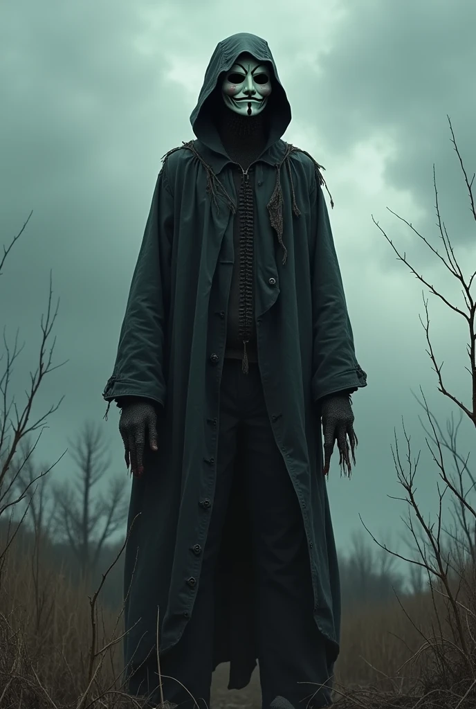 v from v for vendetta but as a scarecrow, uncanny mask jigsaw, black robes