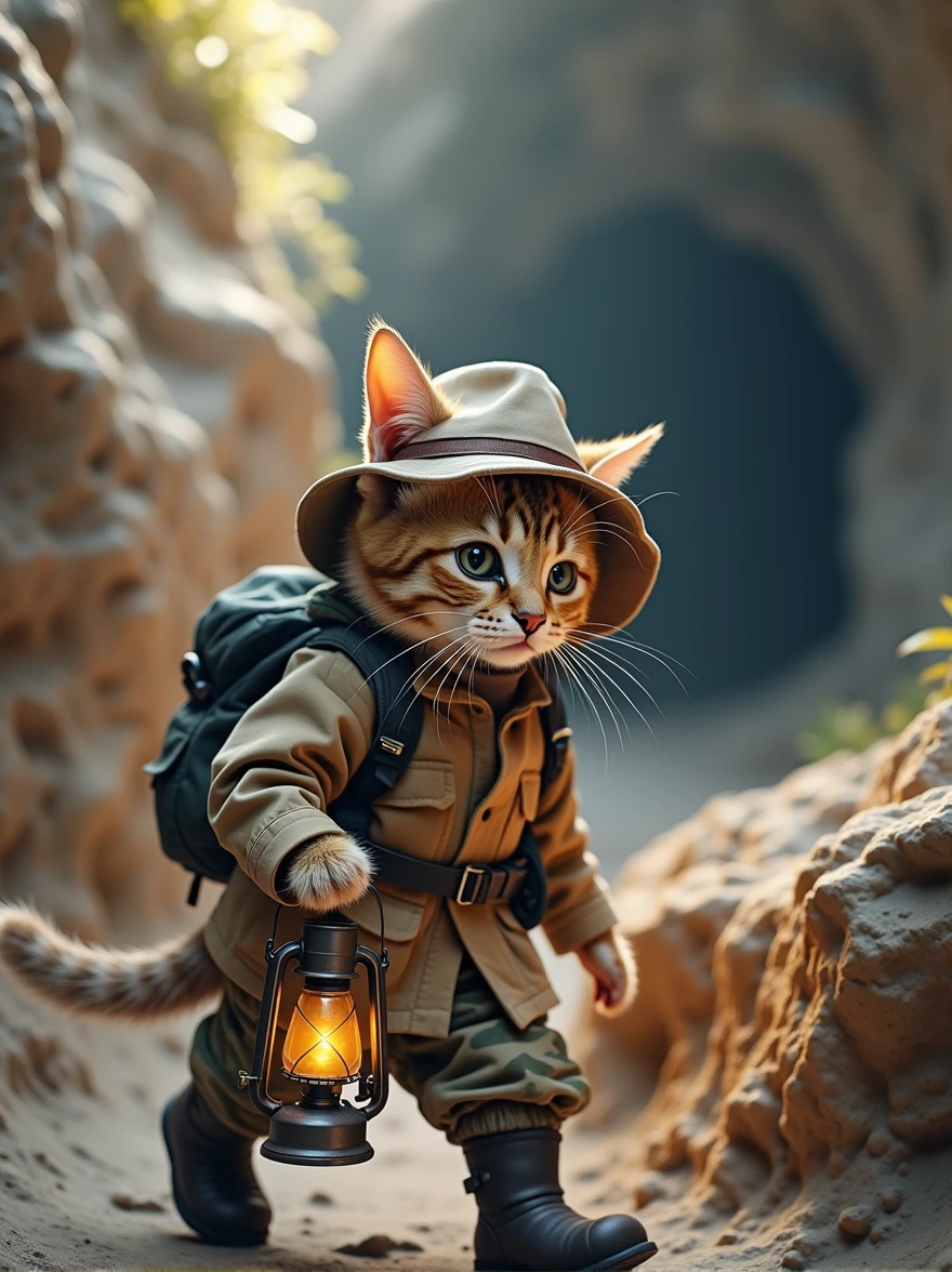 The scene is at the entrance of a dark cave.The cat is dressed as an explorer, wearing a khaki jacket and camouflage pants, paired with a small hunter's hat and little boots,holding a little oil lamp, and wearing dark boots. It cautiously walks deeper into the cave, with faint lights flickering on the cave walls.