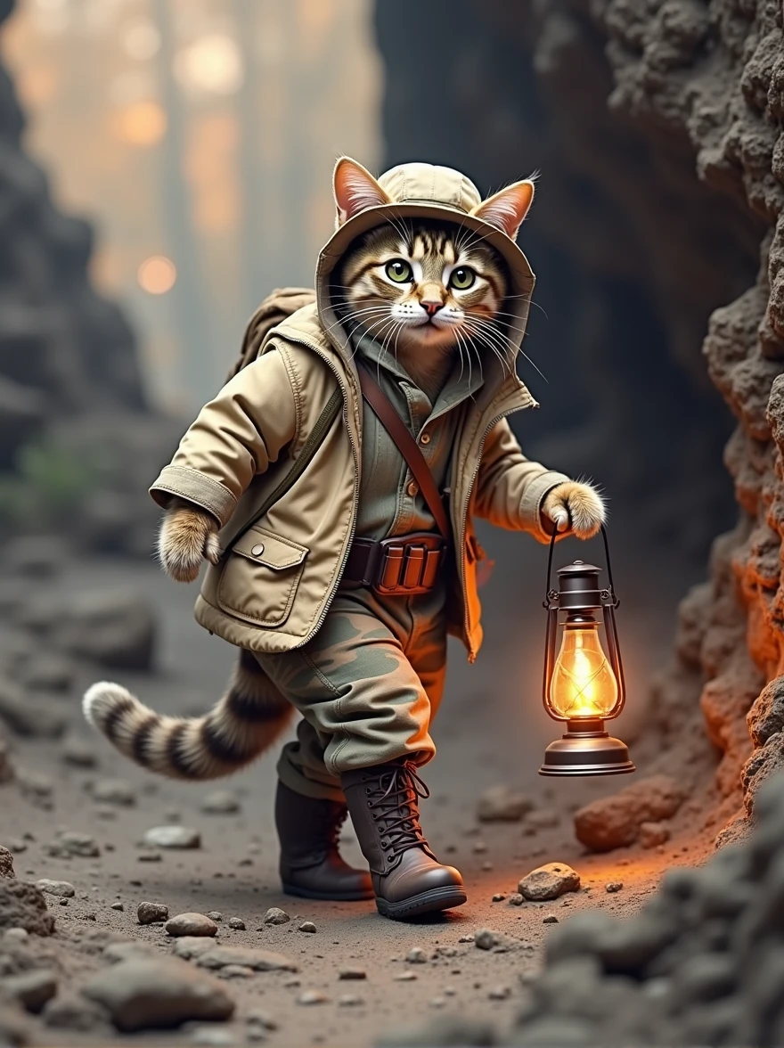 The scene is at the entrance of a dark cave.The cat is dressed as an explorer, wearing a khaki jacket and camouflage pants, paired with a small hunter's hat and little boots,holding a little oil lamp, and wearing dark boots. It cautiously walks deeper into the cave, with faint lights flickering on the cave walls.