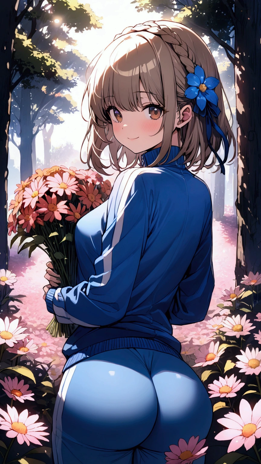 masterpiece, Highest quality, Ultra-high resolution, (beautiful girl: 1.3), (Crown braid&Straight hair&short hair),hair color is blue green,Highly detailed brown eyes,Looks about 、 (Blue sweatpants:1.3), (The jacket is a blue track jacket.....: 1.3),Dazzling Light,Flower Field,(Focus on the very big things, Round and beautifully shaped butt),fine,Big smile,I have flowers,Flower Hair Ornaments,sunlight through trees