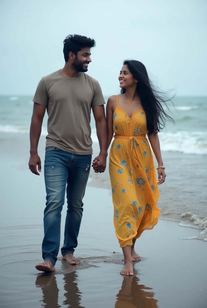 A boy age 27 south India from andhrapradesh wear jeans and t-shirt dusky skin and there was a girl age 25 north India from mumbai looks very modern she wears western dress looks very beautiful and active. Two are having fun on the beach, they are laughing between them have some space. Cloudy climate and its full raining.