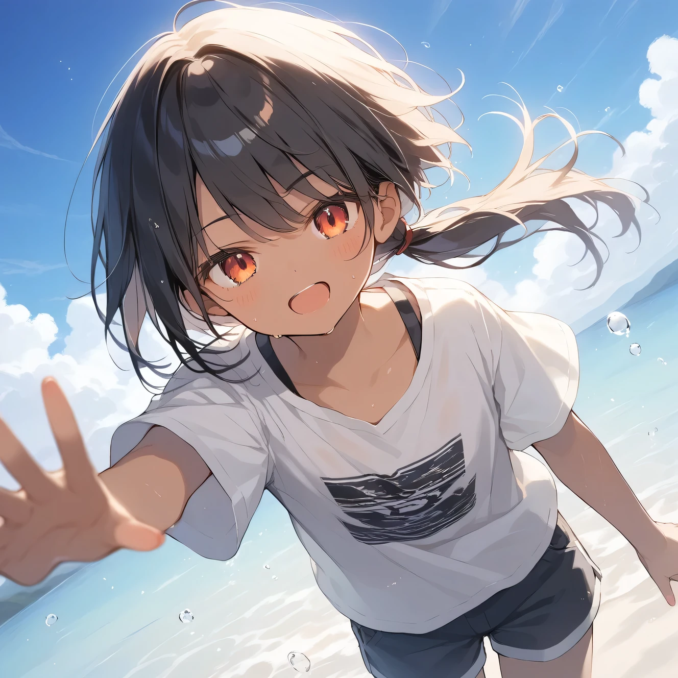 score_9, score_8_up, score_7_up, source_anime, best quality, masterpiece, official art, absurdres, highres, ultra-detailed,waifu2x,Collection: Slice of Life,break,1girl, tomboy, dark-skinned female, short hair, low ponytail, flat chest, groin, beautiful detailed eyes, shorts, sweat, open mouth, (yawn:0.3), sleepily, outdoors, wind,break,(clear line illustration:1.2), super detailed skin,very high resolution, very aesthetic, Best sexual lighting powered by famous artist, 8k, 16k, cute picture,beauty illustration,photoshop_(medium),,(Detailed Lighting),best anime 8k konachan wallpaper, pixiv contest winner,