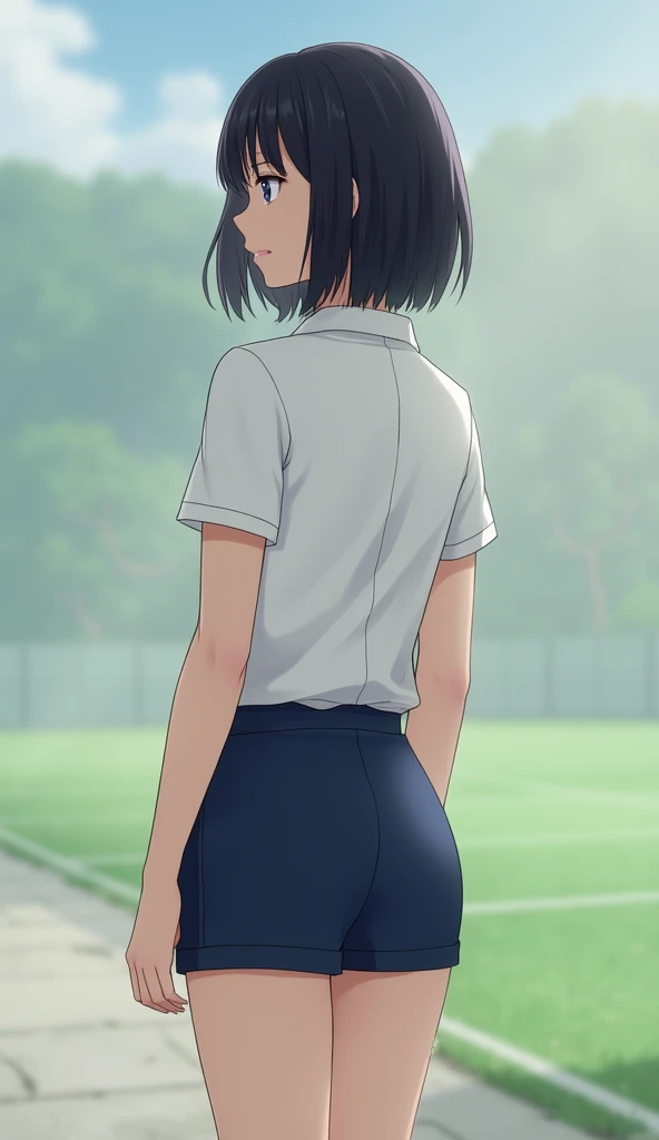 (Masterpiece:1.5),(Highest quality:1.5),(detailsมาก:1.5),(high resolution:1.5),(Realistic:1.5),(Realistic:1.5),(delicate depiction),(Careful description))),8k,wallpapers,BREAK(1 woman),(young japanese woman),(standing),(From before),(Back view, standing),(Short bob),(The upper half of the body is wearing a pure white gym outfit.),(Dark blue shorts:1.6),BREAK(Fine fabric texture:1.3),(thick thighs),(beautiful face,detailed face,,beautiful eyes,beautiful eyes,Beautiful skin,Surface texture:1.3),BREAK(handสวย:1.4),(handที่ละเอียด:1.4),(((jp_buruma))),(Cowboy picture),(front:1.6),(The background is a school field.:1.6),((Blur background:1.6)),(((hand,details,perfect,ความperfect,hand)))