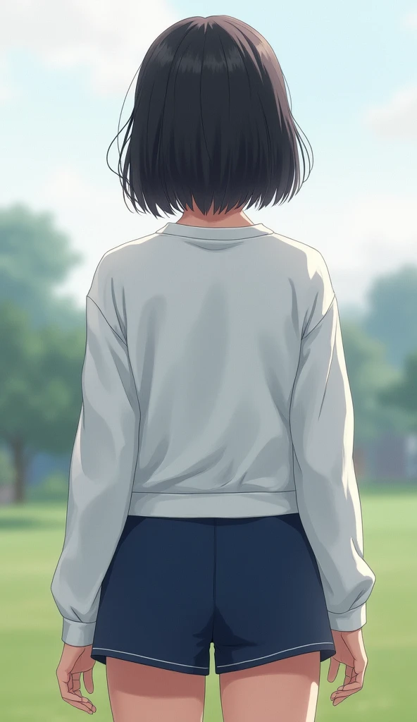 (Masterpiece:1.5),(Highest quality:1.5),(detailsมาก:1.5),(high resolution:1.5),(Realistic:1.5),(Realistic:1.5),(delicate depiction),(Careful description))),8k,wallpapers,BREAK(1 woman),(young japanese woman),(standing),(From before),(Back view, standing),(Short bob),(The upper half of the body is wearing a pure white gym outfit.),(Dark blue shorts:1.6),BREAK(Fine fabric texture:1.3),(thick thighs),(beautiful face,detailed face,,beautiful eyes,beautiful eyes,Beautiful skin,Surface texture:1.3),BREAK(handสวย:1.4),(handที่ละเอียด:1.4),(((jp_buruma))),(Cowboy picture),(front:1.6),(The background is a school field.:1.6),((Blur background:1.6)),(((hand,details,perfect,ความperfect,hand)))