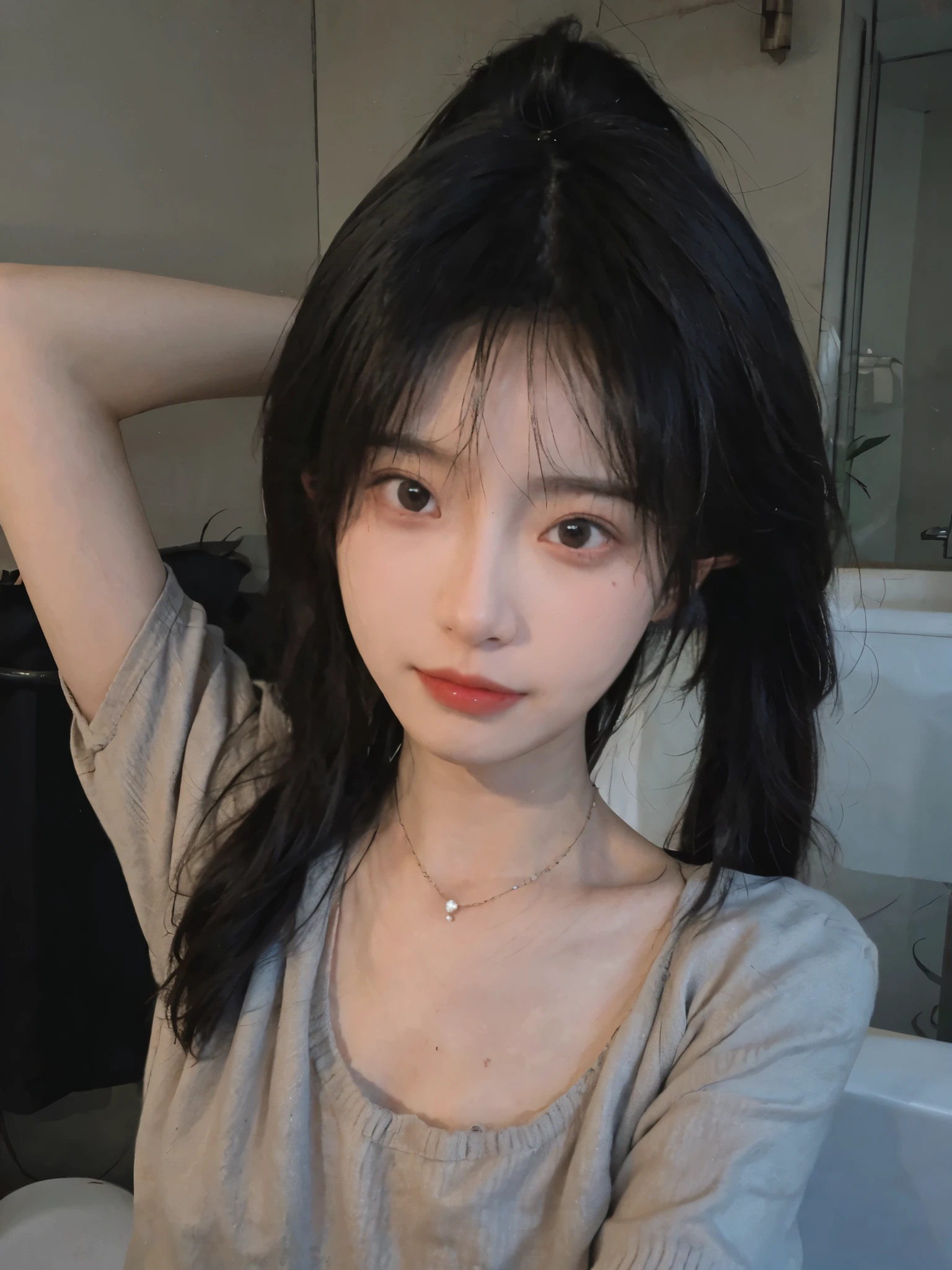 best qualtiy, Ultra-high resolution, (realisticlying:1.4),cute hairpin,1girll,Cropped black sweater ,head straight-looking at viewer,Full of atmosphere,Beautiful woman with a slim figure:1.4, abs:1.1, bathroom,Ultra-fine face,Elaborate Eyes,double eyelid,choker necklace
