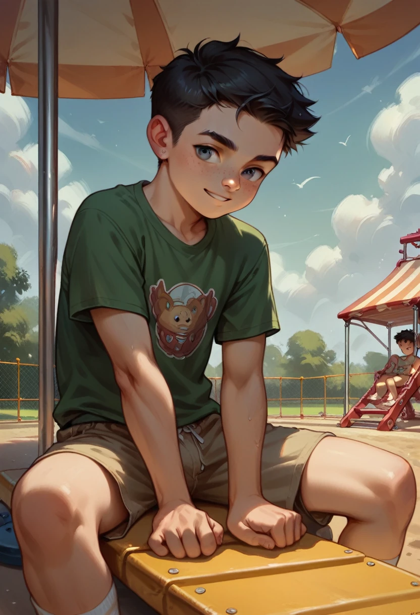 Shota Jimmy Watson boy 10 years old black
hair casual clothes alone on playground