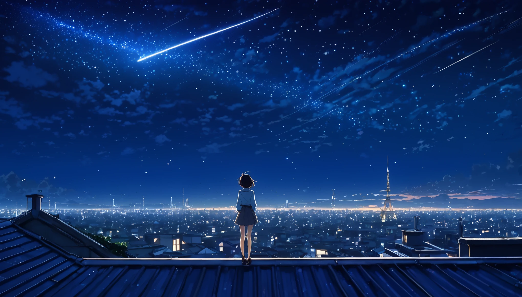 Anime girl standing on a rooftop looking at the starry night sky, anime wallpaper 4k, anime wallpaper 4 k, 4k anime wallpaper, Anime Art Wallpaper 8 K, anime art wallpaper 4k, anime art wallpaper 4k, animation style 4k, makoto shinkai cyril rolando, 4k cartoon wallpaper, anime wallpaper, amazing wallpaper, shooting star