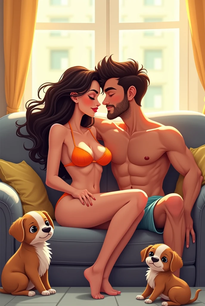 cartoon digital drawing sexy girl in bikini snugles sexy boy arm shortless with two hairy puppy dogs on couch
