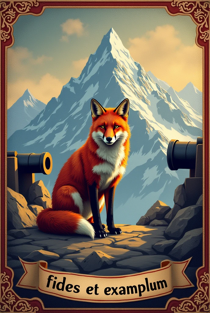 Create a banner with a fox, two cannons, a mountain and the phrase 'faith and example' in Latin.