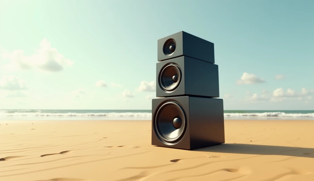A three-tiered black reggae speaker stands alone on the sandy beach.