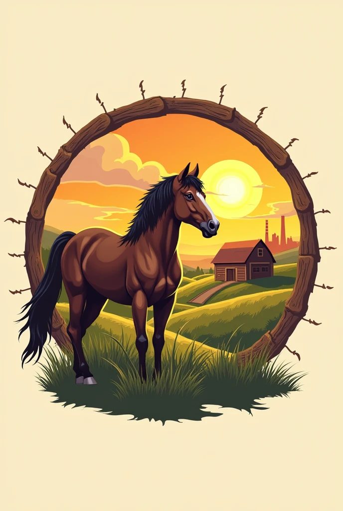 A circular logo with a farm, zaun, a sun behind and a brown horse in front, name below Rural Day porous style