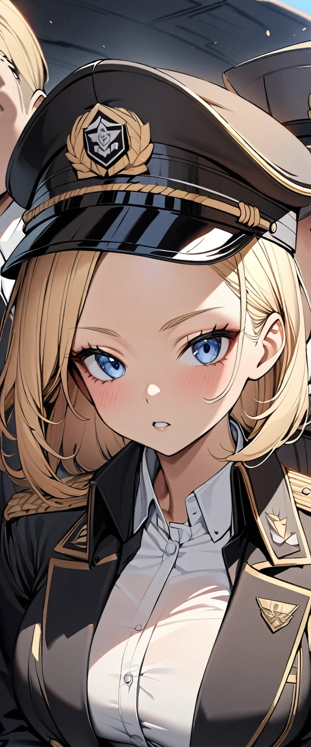 Bobcut　Blonde　forehead　soldier　Nazis　uniform　Officer　陸軍Officer　Black costume　Army Costume　Wearing military gear　Army Caps　Long sleeve　Long trousers　((Shoulder jacket　Jacket on the shoulder　I haven't put my arms through the sleeves of the jacket.))　White shirt　((Loose-fitting clothing))　((Upper Body))　Big eyes　Blue eyes　Mouth closed　Highest quality　Super detailed　detailed woman　High quality　8k　