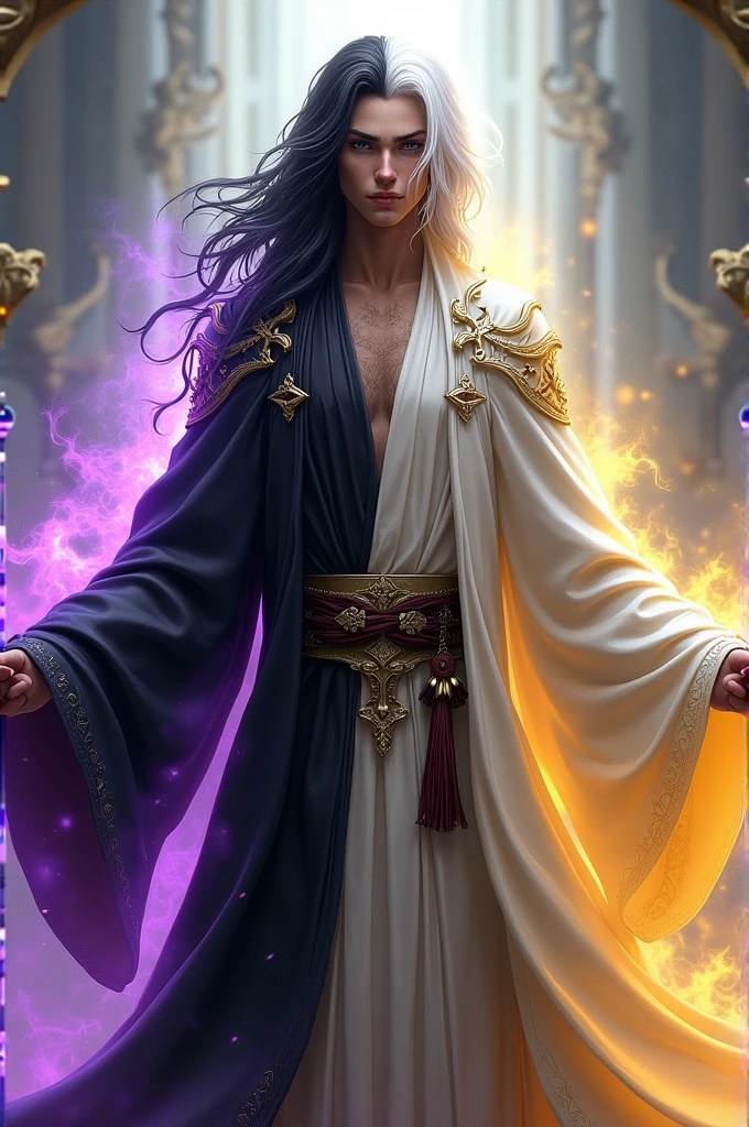 a male wizard with black hair on the left and white on the right, clothes on the left are black with purple aura, and on the right are white with yellow aura, and the black and white are in one body.