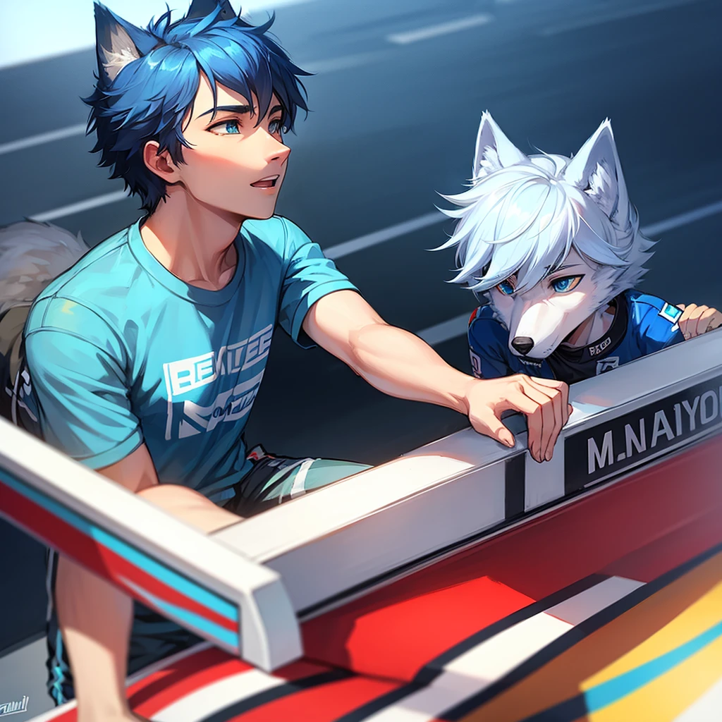 Blue young male wolf with marlboro shirt racing at formula 1