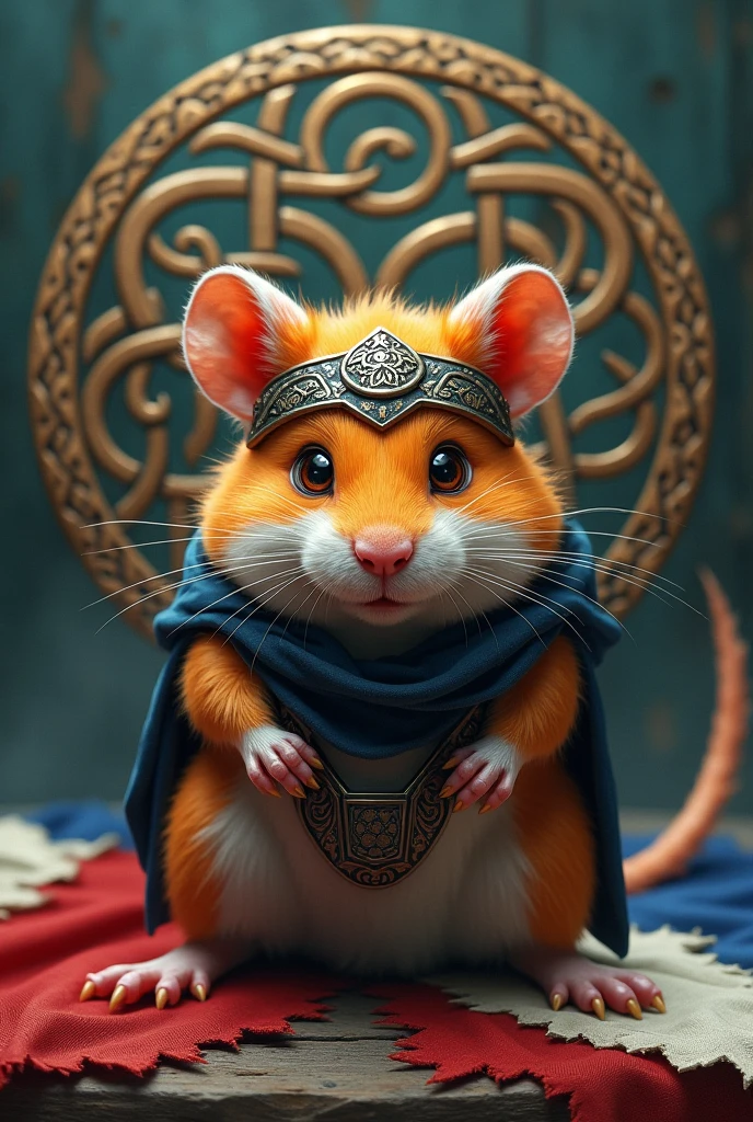 Portrait d'un hamster futuriste en tenu de combat , les yeux injectés de sang, portant un bandeau celte en métal. Il est entouré de symboles celtiques et le drapeaux de la Bretagne derriere lui et de la France est déchirés en lambeaux devant  lui au sol et un bout dans sa gueule