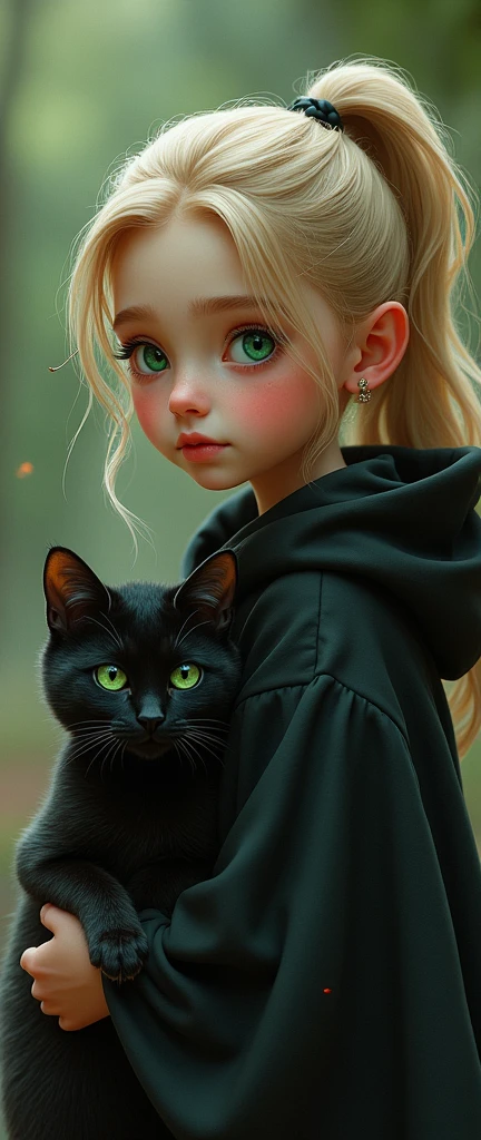 A girl with blonde hair tied in a ponytail, white skin and green eyes. With a black hood. Beside a green-eyed, black-furred cat