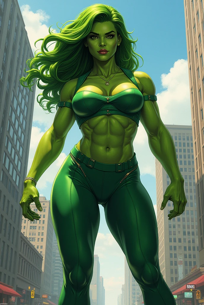 She-Hulk, with her impressive physique and green skin, stands confidently in the scene. Her massive breasts, resembling titanic structures, are accentuated by her form-fitting outfit. Her expression is bold and fierce, with her green eyes gleaming with determination. The background is simple, allowing the focus to be solely on her powerful presence, conveying her strength and unapologetic nature.