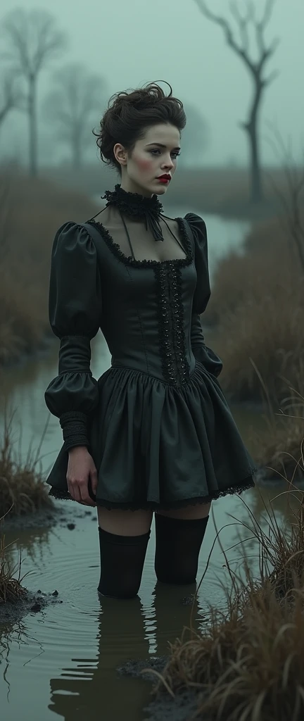  19 century setting, drama, stuck in bog,high-neck, closed dress, mini-dress, hips, high-neck dress, aristocratic hairstyle, stockings with garters, red lips, goth, aristocratic behaviour
