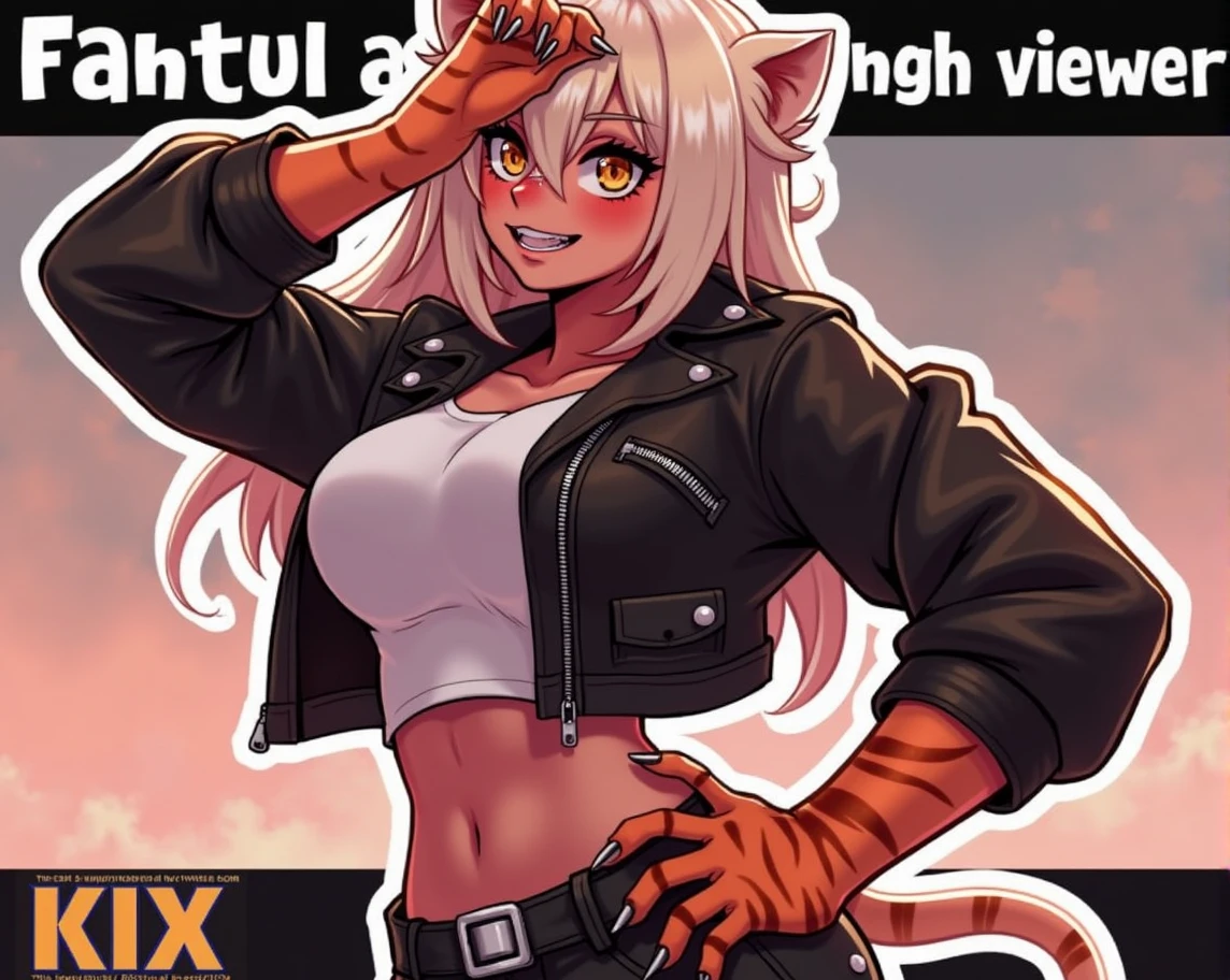furry female bengal tiger with long vanilla colored hair, stronger tiger paws, wearing white crop top, black biker jacket, black jeans and silver belt looking at viewer