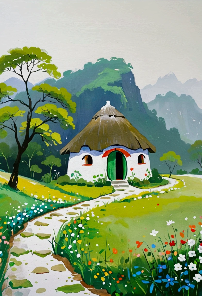 Childish Art:Simple acrylic painting,Dot,A small thatched hut on a winding path,Minimalism,White background。(((Negative Space:2,Large area of blank:2, Bottom left corner composition)))