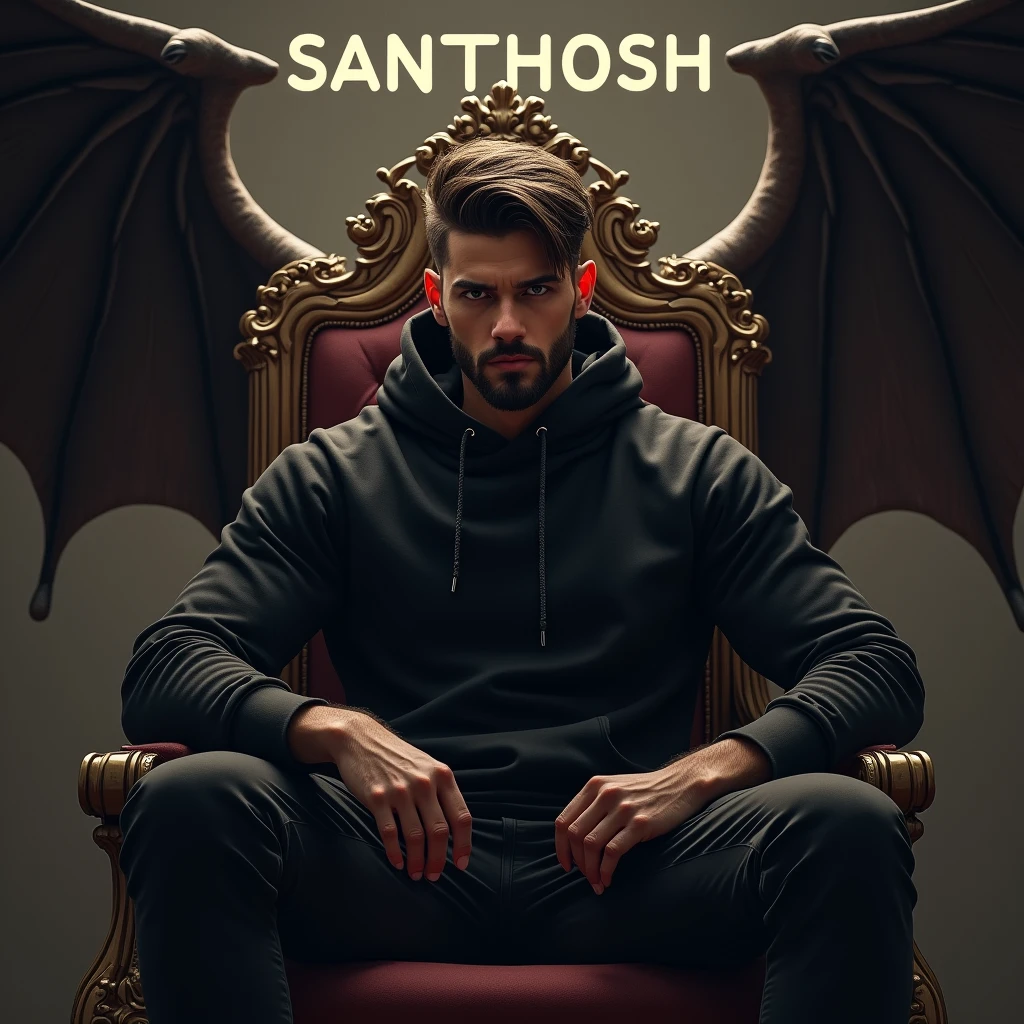 Create a profile picture for me. A young gym man with beard wearing a black hoodie sitting on royal throne with devil wings. And "SANTHOSH" name is on background.