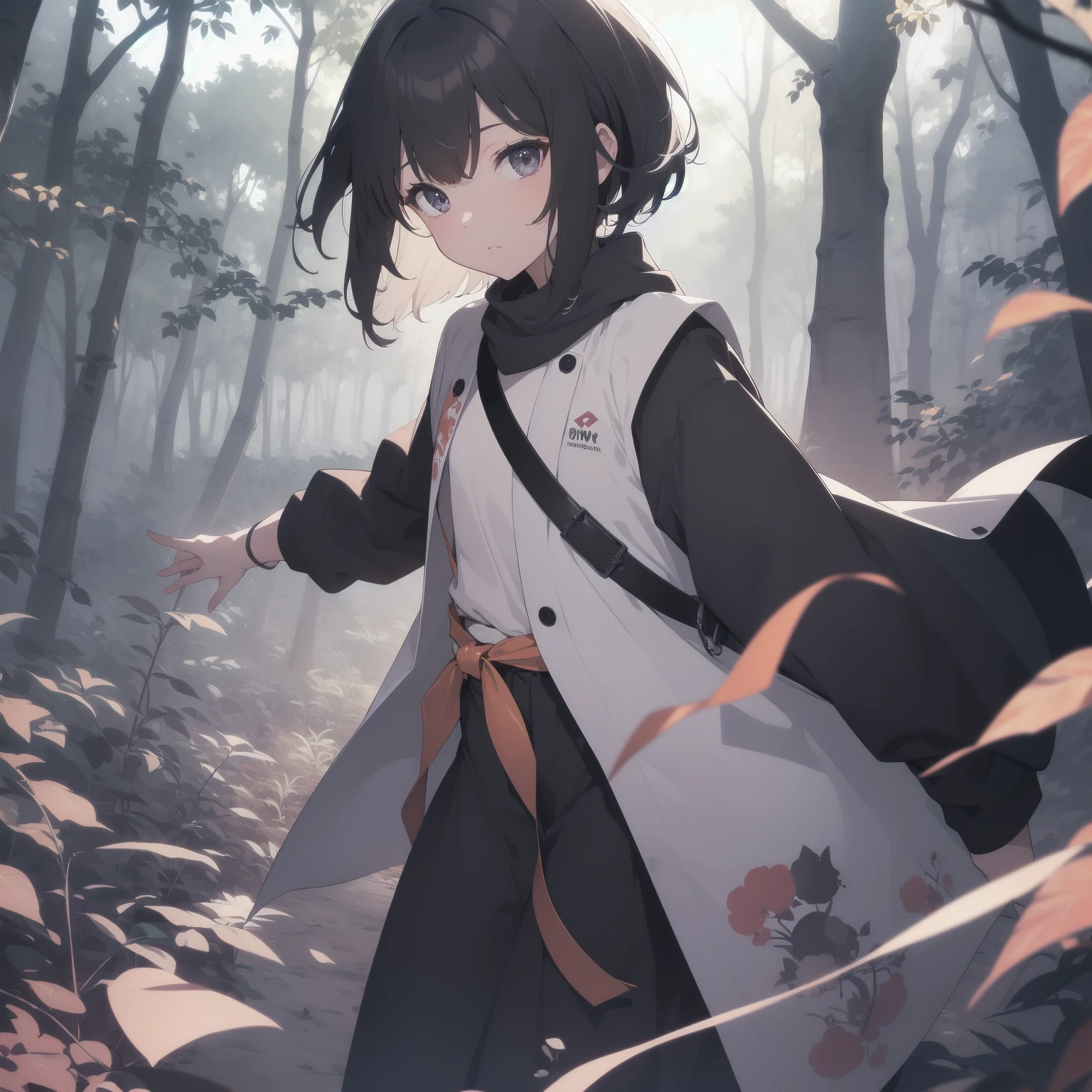 ultra-absurdres-Top quality by artist God, ultra-detailed, high resolution, anime moe artstyle, best anime 8k konachan wallpaper, pixiv contest winner, pool:2810, perfect anatomy,break, 1girl, ninja, (Please draw a ninja girl walking sleepily to forest alone. )break,(Solo,little female, 10-year-old:1.3),Full limbs, complete fingers,(very short hair), short cut, flat chest, thighs, small butt, small black eyes, beautiful detailed eyes, well-proportioned iris and pupils, expressive eyes, highres detailed hair, expressionless, short kimono, scarf, (Detailed Lighting), (Detailed background), night, in the forest. break,super detailed skin, Best cinematic lighting powered by famous artist, 8k,beauty illustration,photoshop_(medium),very aesthetic,break,((artist:ishikei )), artist:clamp ,artist:carnelian ,artist:kantoku ,