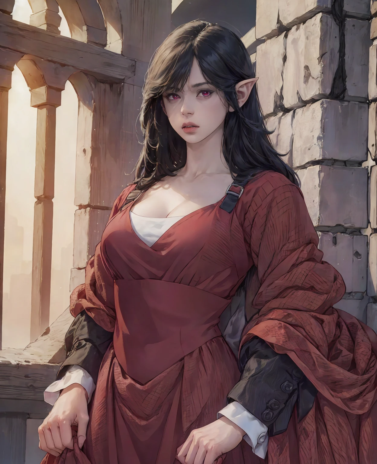 a devilish woman with black hair,pale skin,red eyes,elf-like costume,dark mysterious setting,(best quality,4k,8k,highres,masterpiece:1.2),ultra-detailed,(realistic,photorealistic,photo-realistic:1.37),dark fantasy,dramatic lighting,cinematic,chiaroscuro,dramatic pose,intricate details,glowing eyes,haunting,supernatural