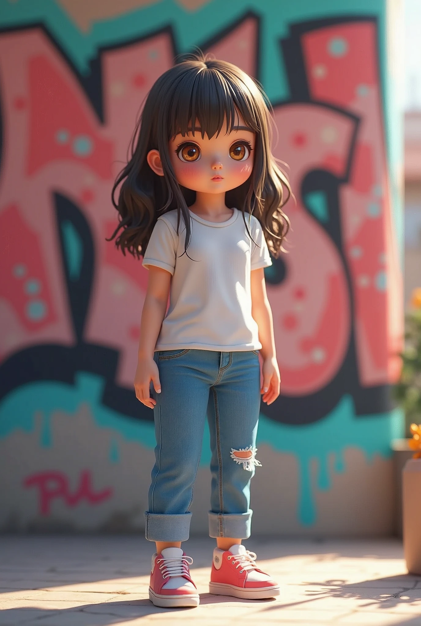(masterpiece:1.2,Highest quality,High resolution),(Super detailed),8k,wallpaper,(Best illustrations,Anime Style),1 female,Chibi Character,dancer,cute,front,Are standing,Detailed hands,The background is a wall with pop graffiti.,jeans,T-Shirts,sneakers,Isometric 3D Diorama,Matte Paint,Gentle lighting,Sanrio style