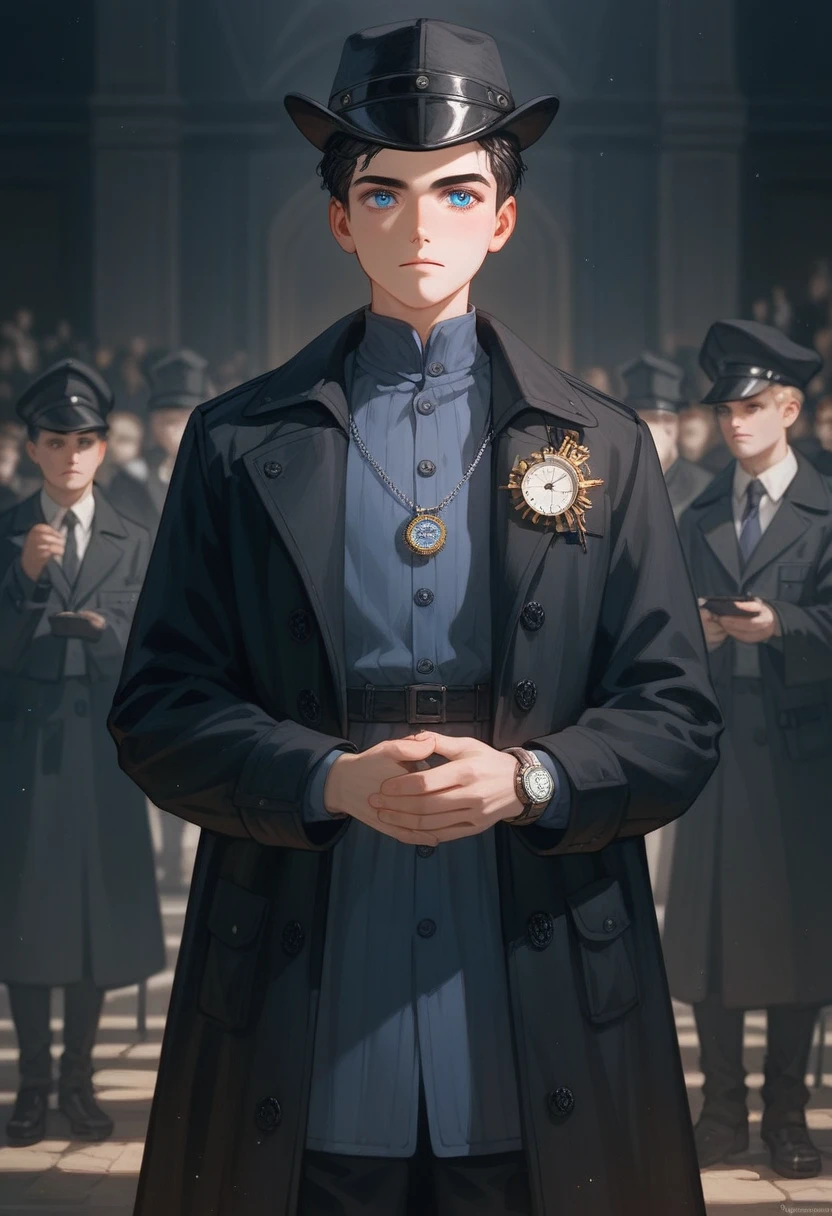 Twelve-year-old boy,Medieval style,Black trench coat,Standing,Side to the audience,Far from the audience,calm,high quality,8k,Ultra HD,masterpiece,Detailed facial depiction,Blue Eyes,Black Hair,Wearing a detective hat,Scholarly demeanor,young,Preschool,Black trench coat,whole body,Pocket watch in hand,