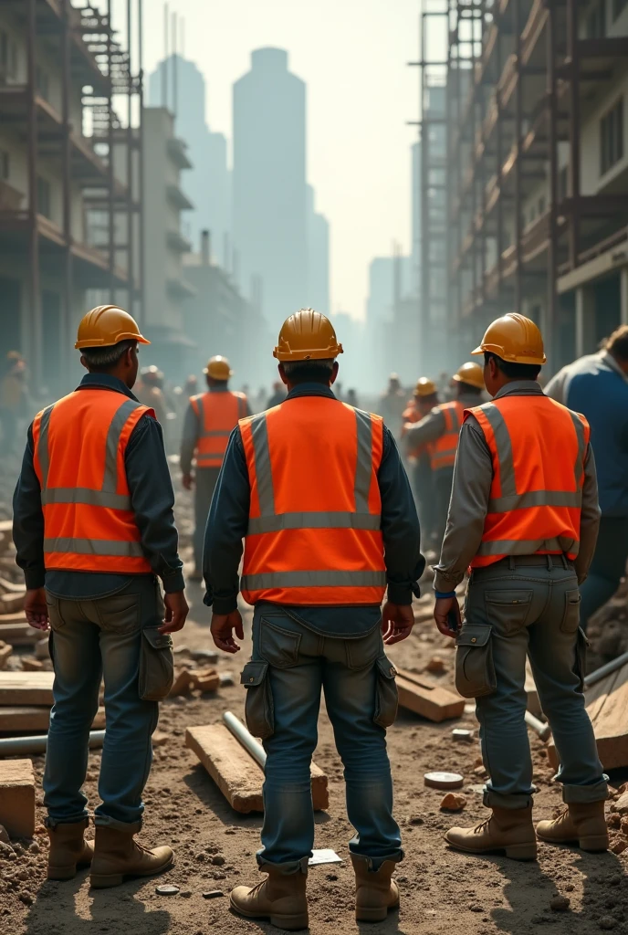 Men at work at a construction site with their backs towards the camera 