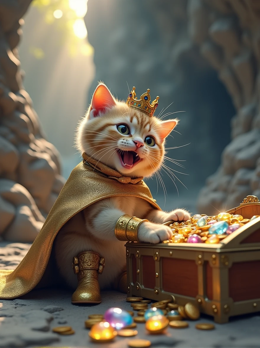 The scene is inside the cave, in front of a treasure chest. The cat is wearing a golden cape, a crown on its head, and shiny little boots. It opens the treasure chest, which is filled with gleaming gems and coins. The cat’s eyes are full of delight.