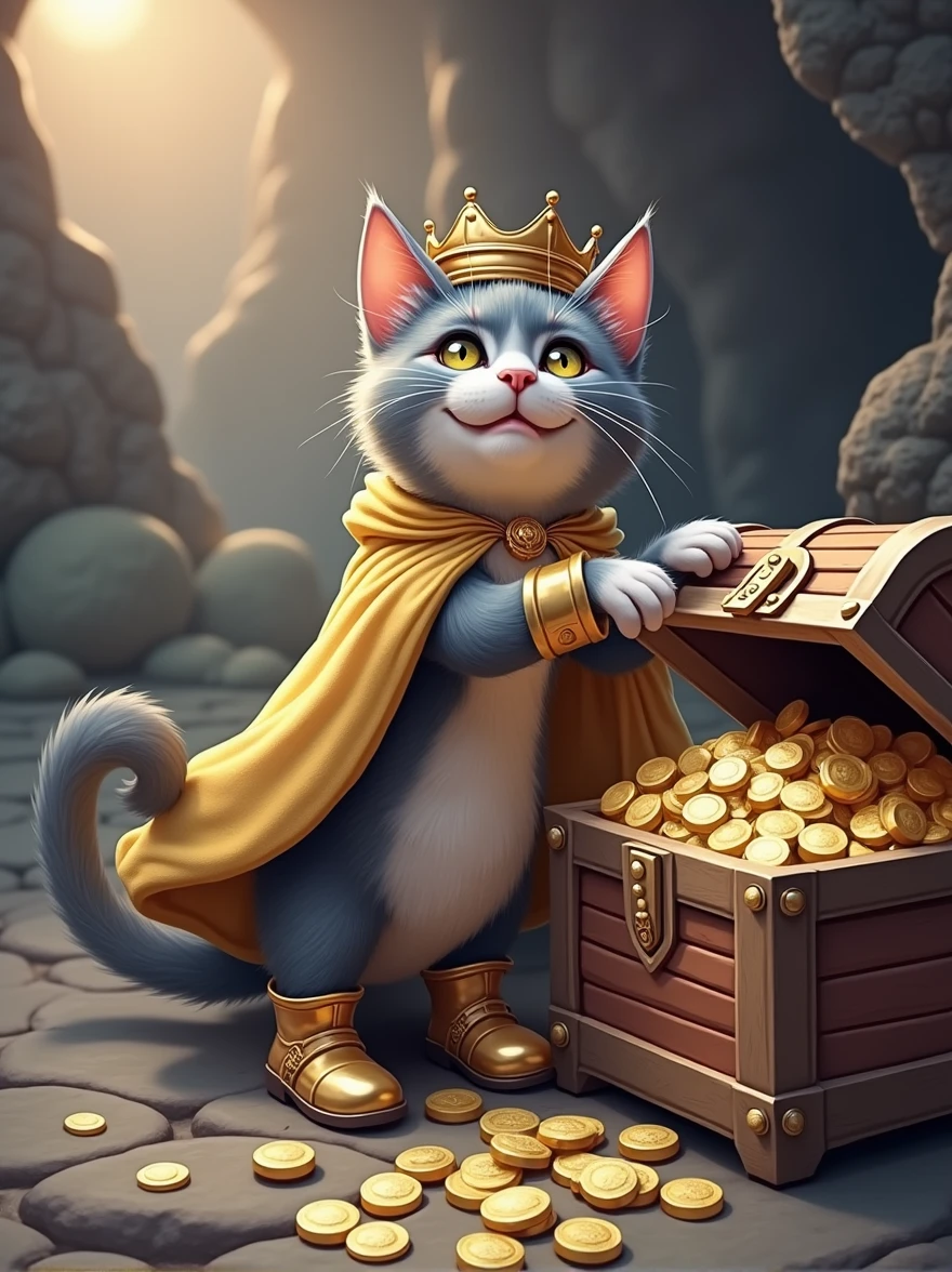 The scene is inside the cave, in front of a treasure chest. The cat is wearing a golden cape, a crown on its head, and shiny little boots. It opens the treasure chest, which is filled with gleaming gems and coins. The cat’s eyes are full of delight.