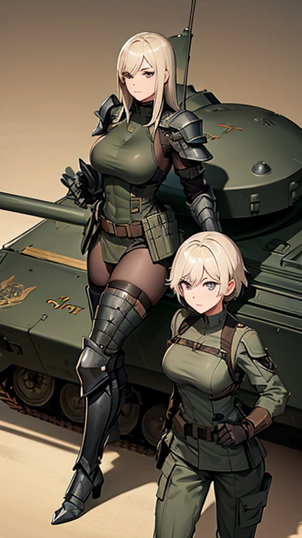 ((Armored tank, tank)), beautiful woman in military uniform next to tank,(Woman in military uniform)