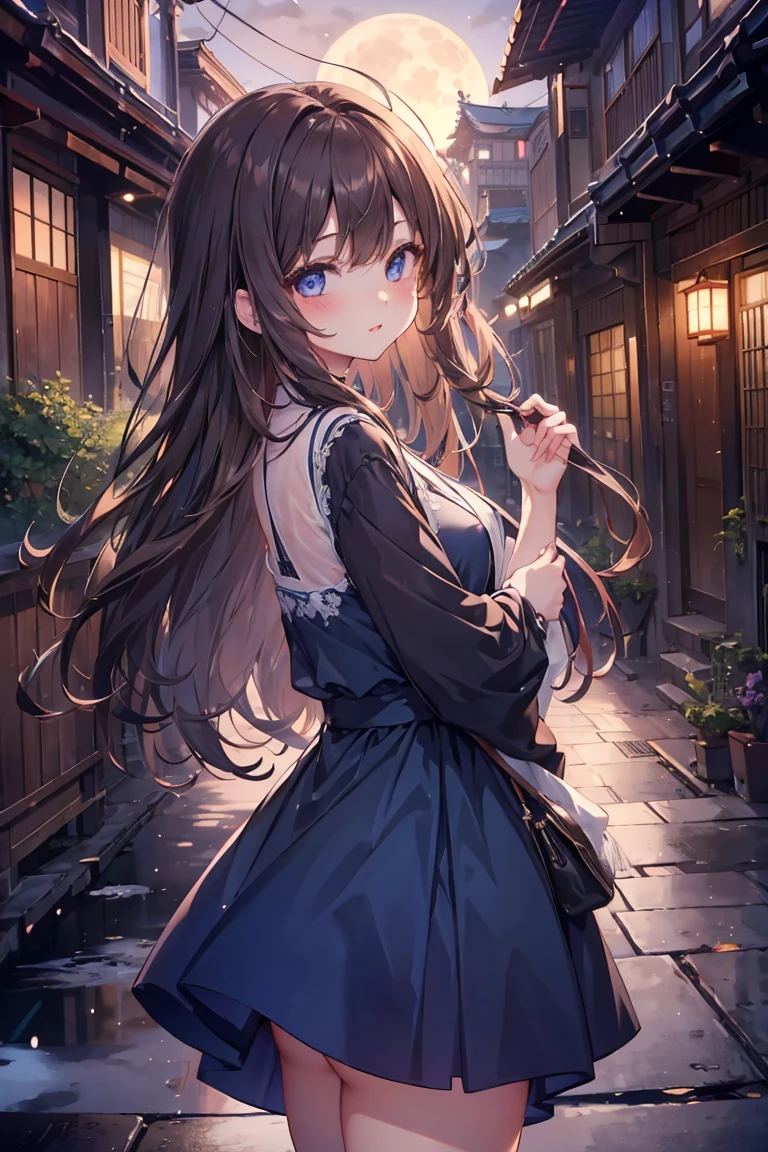 1 female、whole body、lower angle、Brown Hair、Long Hair、Well-groomed face、Dark lips、blue eyes、Blue dress、valley、slim、mini skirt、Kyoto、old buildings、night、full moon、masterpiece、Ultra-high resolution、delicate、Perfect lighting、sunlight、16K