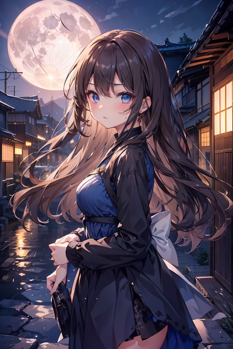 1 female、whole body、lower angle、Brown Hair、Long Hair、Well-groomed face、Dark lips、blue eyes、Blue dress、valley、slim、mini skirt、Kyoto、old buildings、night、full moon、masterpiece、Ultra-high resolution、delicate、Perfect lighting、sunlight、16K