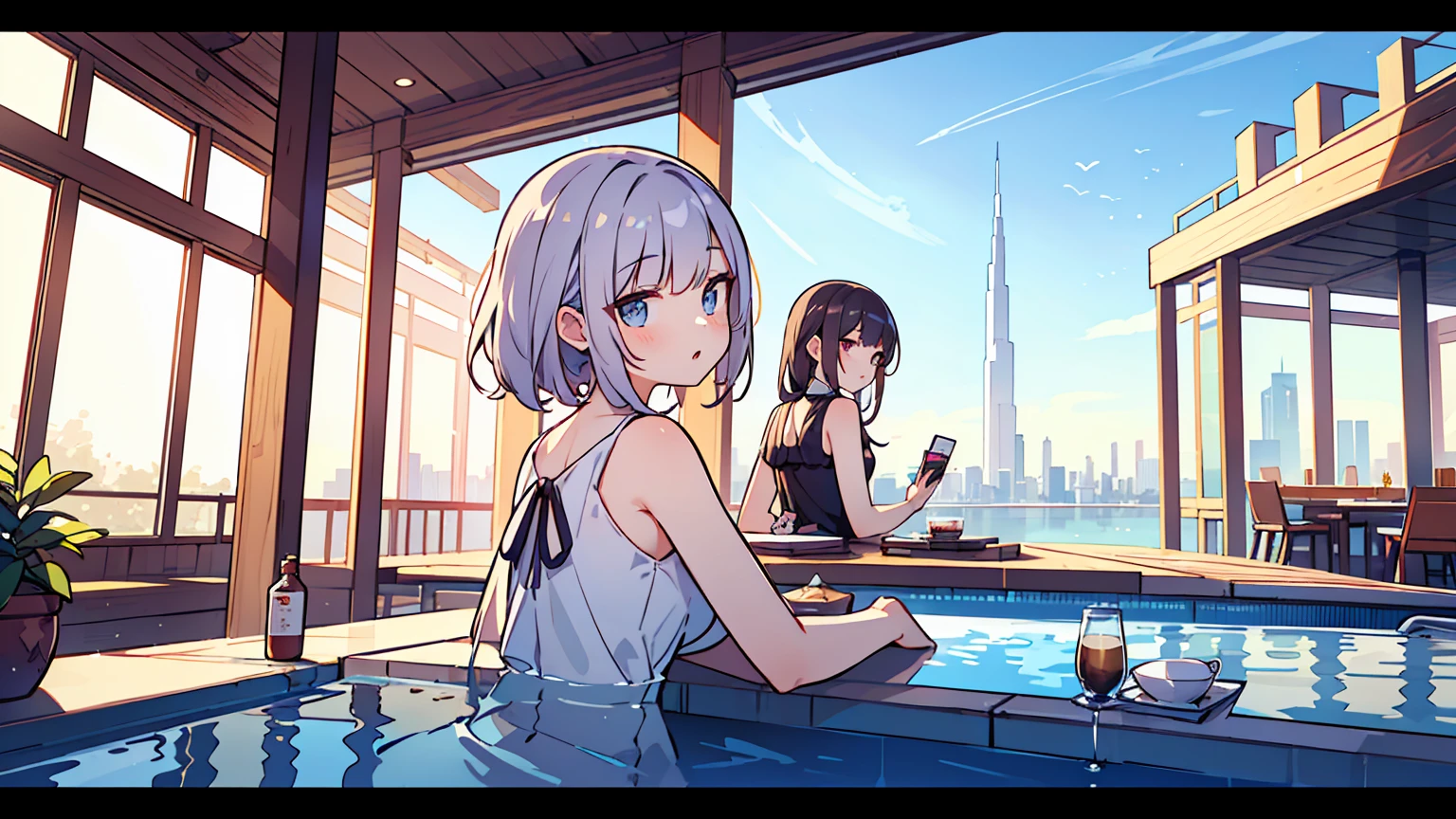 (masterpiece, best quality),2 women, different hair colors, different faces,letterboxed, perfection of fashion,chapped lips, sleeveless,dress,upper body, from the side,Infinity Pool,cafe,The horizon is reflected,Lounge Chair,marble floor,Advanced Table,With a view of Dubai Tower,Studying at the table