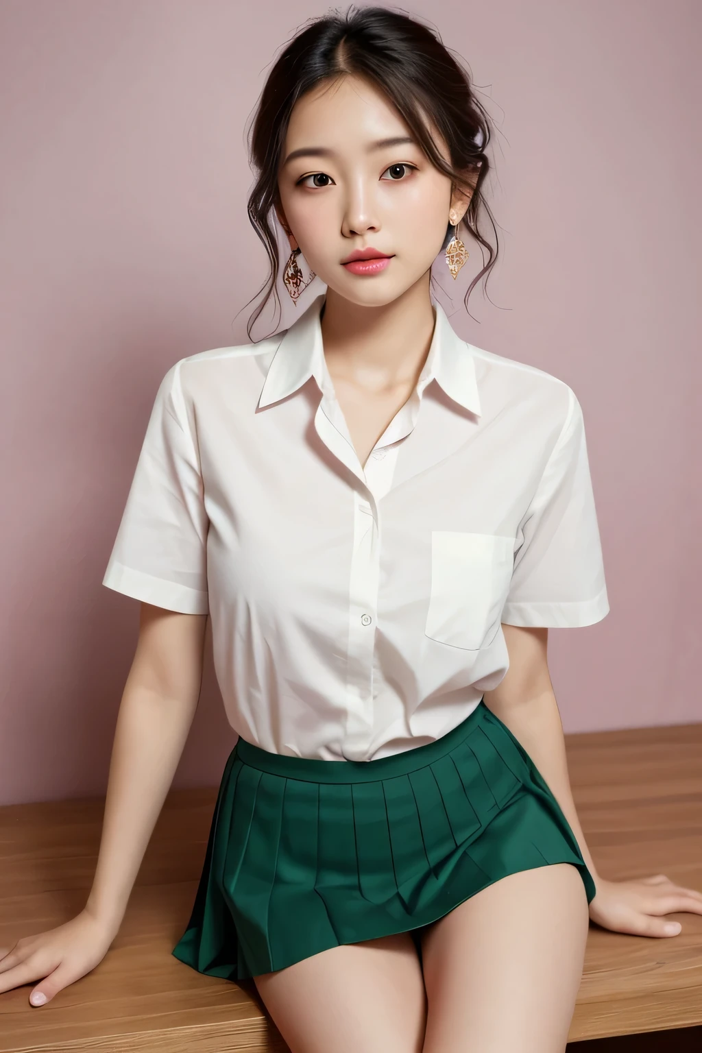 (High resolution、8k:1.3)、masterpiece、(Ultra-realistic as a photo:1.3)、Very nice finish、Slender figure、Sharp focus, 超High resolutionの顔、Highest quality、The face is in focus、Ultra high definition and beautiful eyes、Eyes are symmetrical、High quality and beautiful skin、Firm Skin、Japanese Girls, thin、very cute、17 years old、(white short sleeve shirt、Pleated skirt、Ultra mini skirt), Sitting、sexy、Earrings、Pink wall、Natural Makeup, (blush:1.3), (Embarrassing:1.3)、(View your audience:1.3),short hair, Messy Hair、Green tie、White collared shirt、sexy、