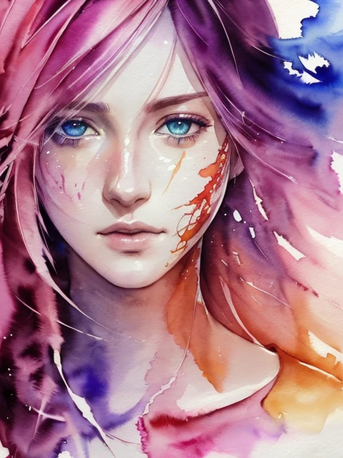 (((Agnes Cecile:1.3, watercolor))), breathtaking beauty, precise lineart, glowing design, ink drops, Final Fantasy XIII Character Lightning (Claire Farron), centered, key visual, intricate, highly detailed, breathtaking beauty, precise lineart:1.1, vibrant, Beautiful Muses, comprehensive cinematic, ((Carne Griffiths, Conrad Roset)), autumn lights, (the most beautiful portrait in the world:1.5), (masterpiece, best quality), 